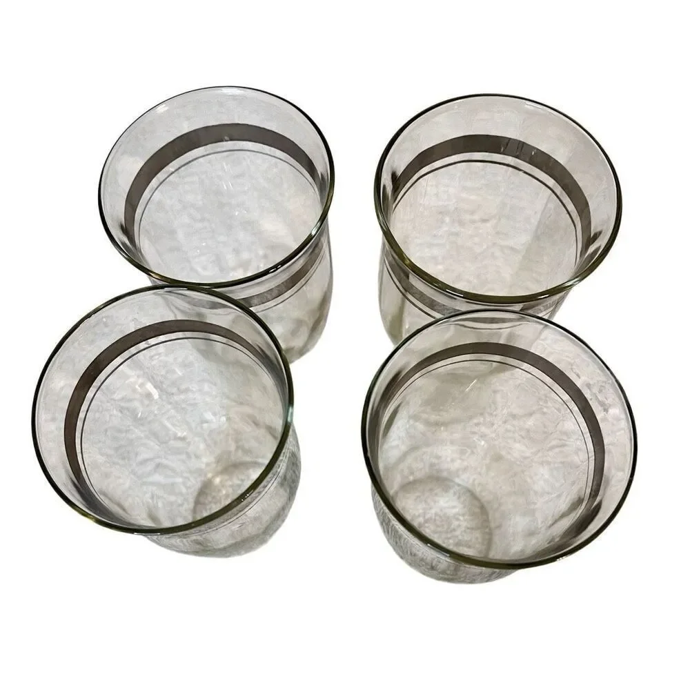 Set of 4 Vintage Ribbed Federal Glasses With Silver Rims